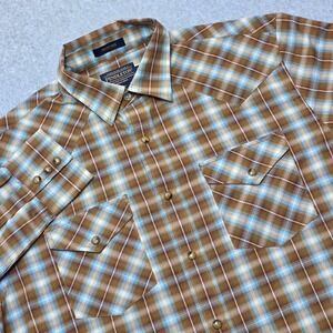 Pendleton Frontier Men's Size Medium Western Pearl Snap Shirt Brown Blue Plaid